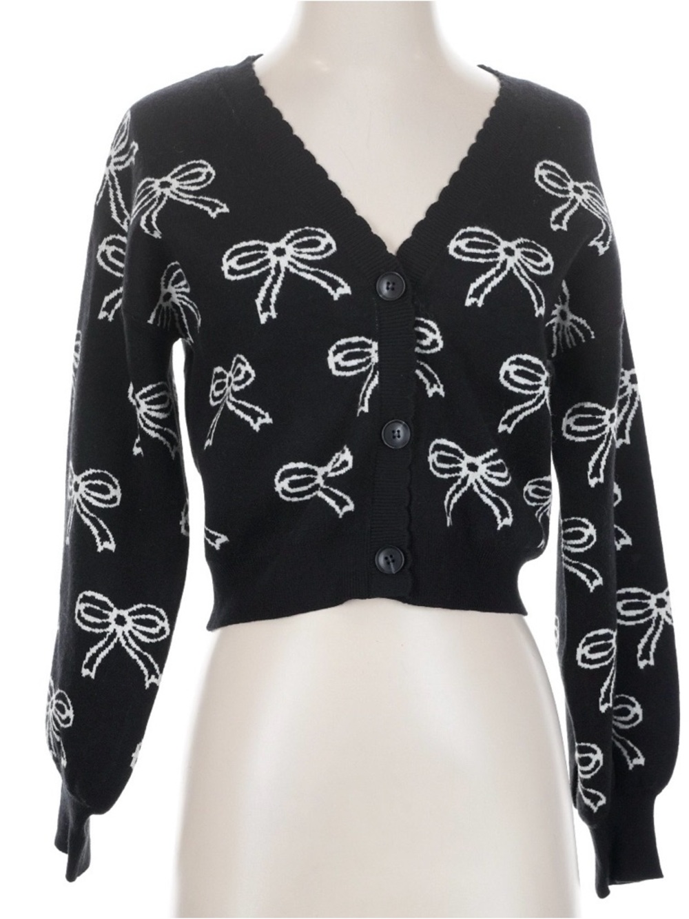 Willow & Wind Black Bow-Print V-Neck Button Cardigan